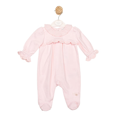 Mintini baby girls pink all-in-one sleep suit with ruffle detail