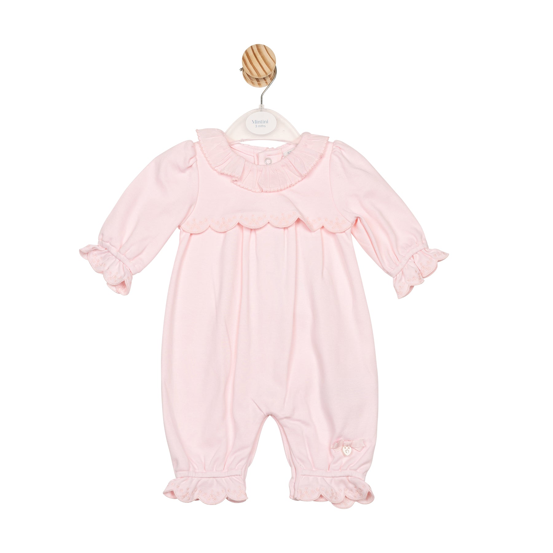Mintini baby girls pink romper with ruffle detail – Autumn Winter boutique baby outfit, long sleeve