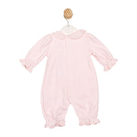 Girls pink long sleeve romper by Mintini – ruffle detailing on collar and cuffs, cosy baby girl outfit, sizes 3–12 months
