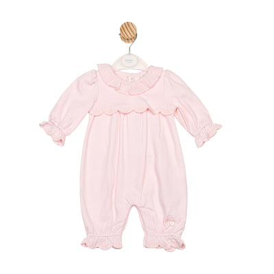 Mintini baby girls pink romper with ruffle detail – Autumn Winter boutique baby outfit, long sleeve
