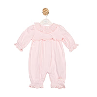 Mintini baby girls pink romper with ruffle detail – Autumn Winter boutique baby outfit, long sleeve