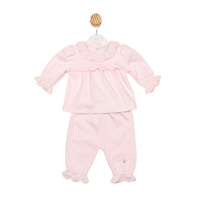 Mintini girls pink two-piece top and trouser set with ruffle detail