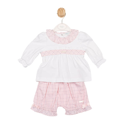 Mintini girls white and pink check top and bloomer shorts set