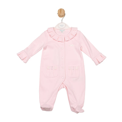 Mintini baby girls pink all-in-one with pleat and bow detail