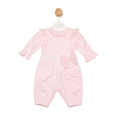 Mintini girls pink top and dungaree set with bow and diamanté detail