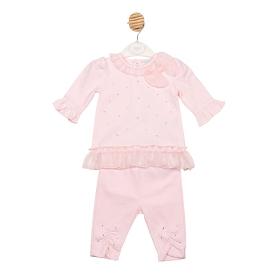 Mintini baby girls pink tunic and legging set with bow, lace trim and diamanté detail – boutique Autumn Winter baby outfit