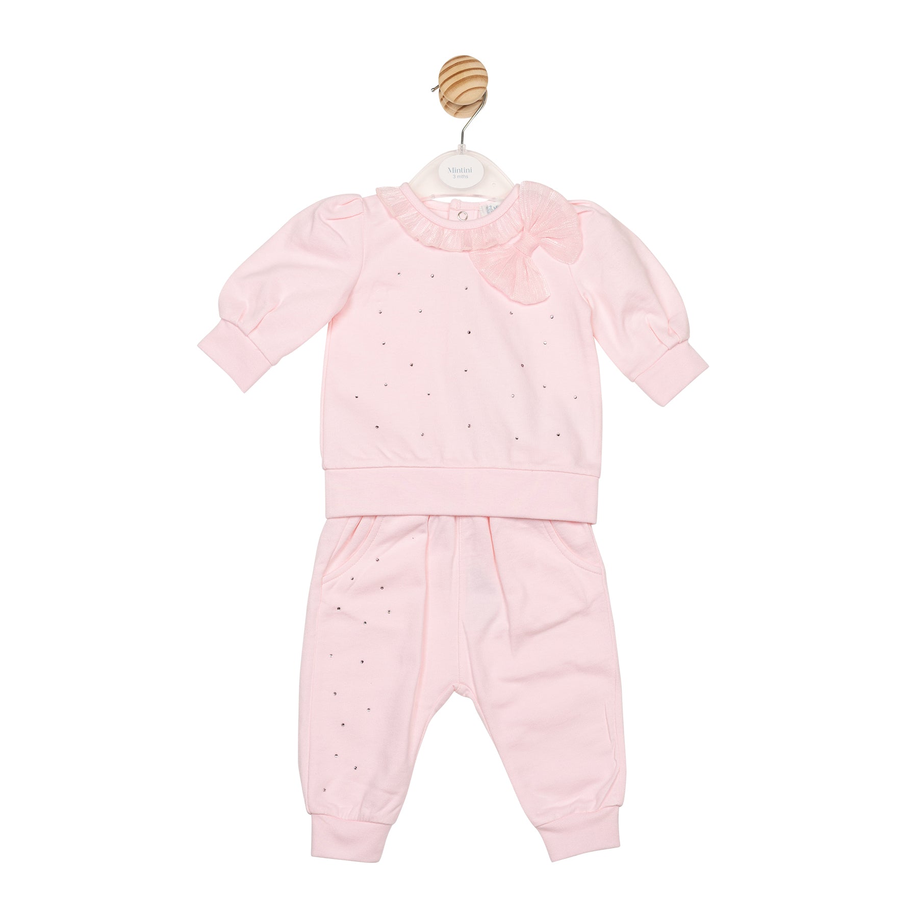 Mintini girls pink two-piece top and jogger set with bow and diamanté detail – boutique Autumn Winter baby outfit