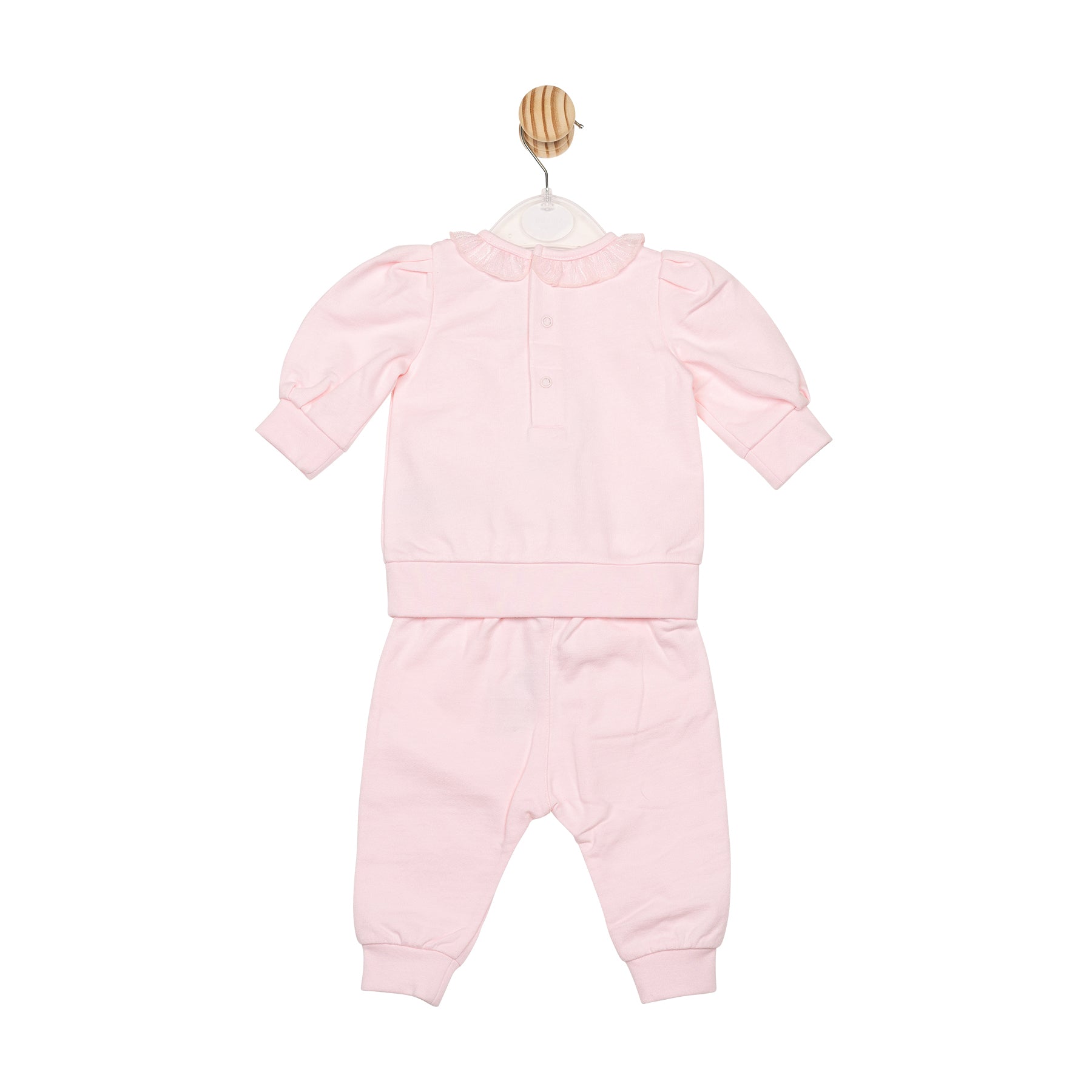 Baby girls pink top and jogger set by Mintini – frill cuffs, bow neckline and diamanté embellishments, cosy designer outfit