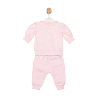 Baby girls pink top and jogger set by Mintini – frill cuffs, bow neckline and diamanté embellishments, cosy designer outfit