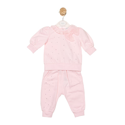 Mintini girls pink two-piece top and jogger set with bow and diamanté detail – boutique Autumn Winter baby outfit