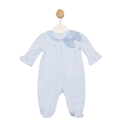 Baby girls blue all-in-one sleep suit with bow and diamanté detail by Mintini