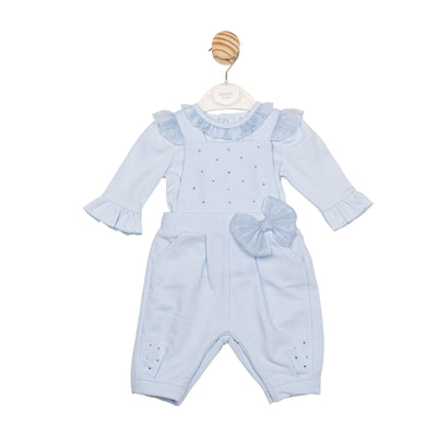 Mintini girls blue top and dungaree set with bow and diamanté detail
