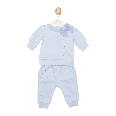 Mintini girls pale blue two-piece top and jogger set with bow and diamanté detail – Autumn Winter boutique baby outfit