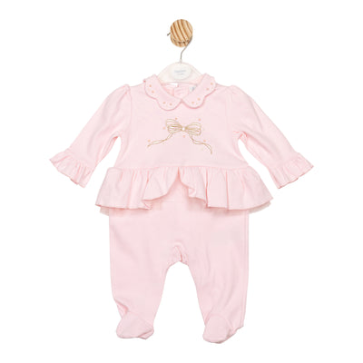 Baby girls pink all-in-one sleep suit with bow detail by Mintini