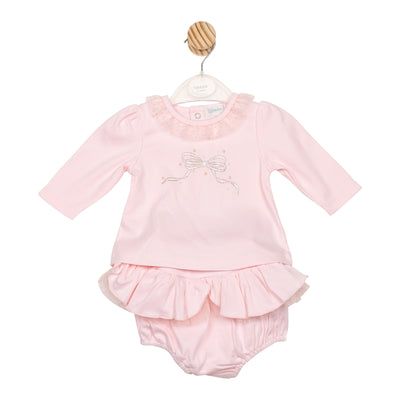 Girls pink top and jam pants set with bow detail by Mintini