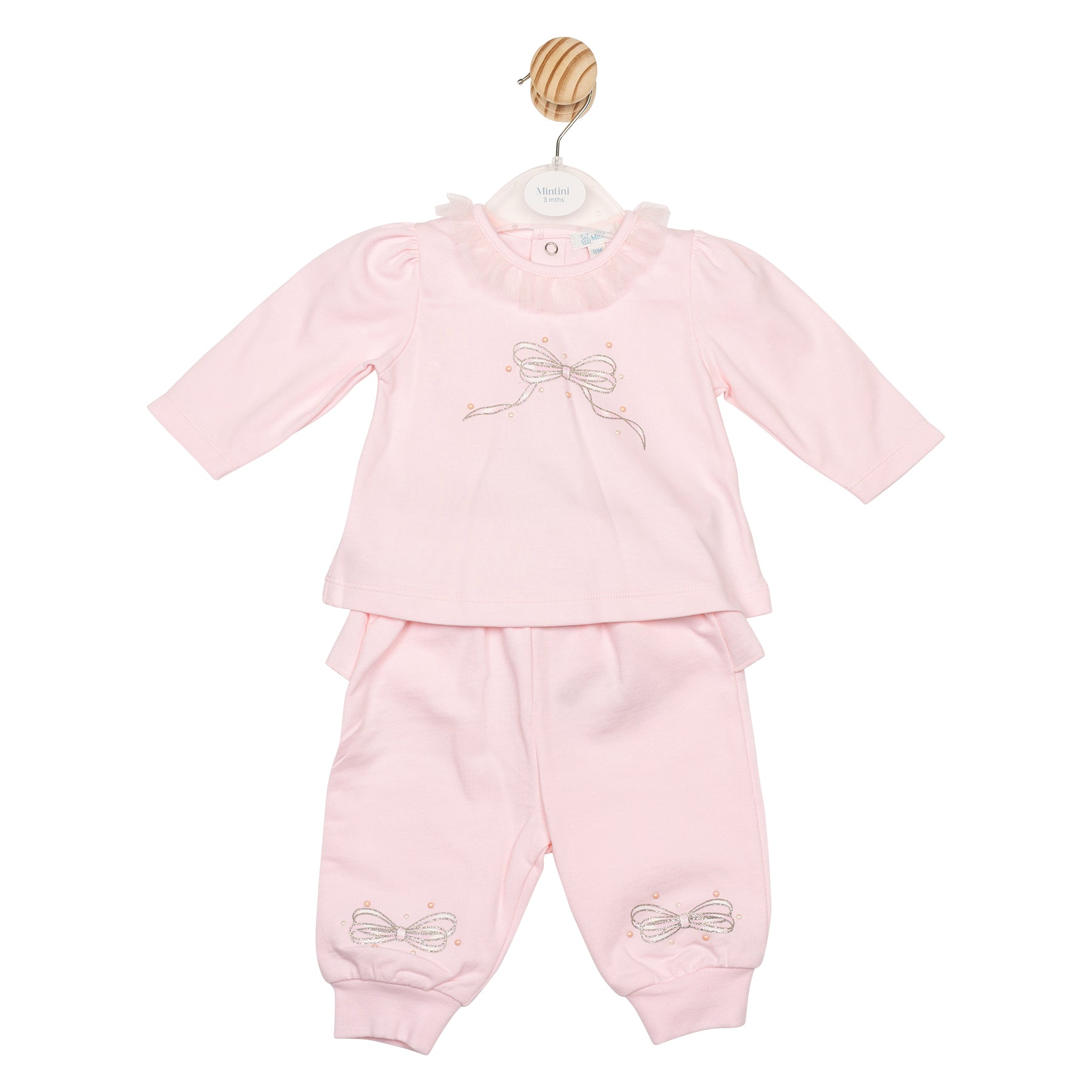Girls pink Mintini two-piece jog pant set with bow detail and frill collar – Autumn Winter collection