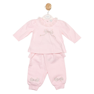 Girls pink Mintini two-piece jog pant set with bow detail and frill collar – Autumn Winter collection