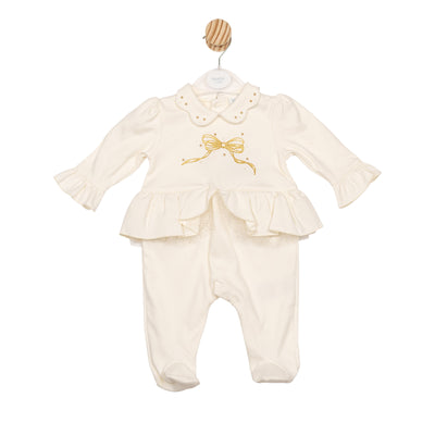 Mintini baby girls ivory all-in-one with gold bow detail