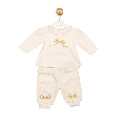 Girls ivory Mintini Christmas two-piece jog pant set with gold bow detail and frill collar – festive boutique outfit