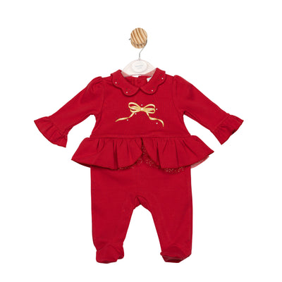 Mintini baby girls red all-in-one with gold bow detail