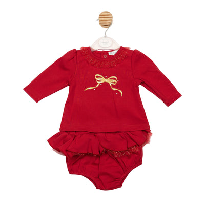 Mintini baby girls red two piece set with gold bow