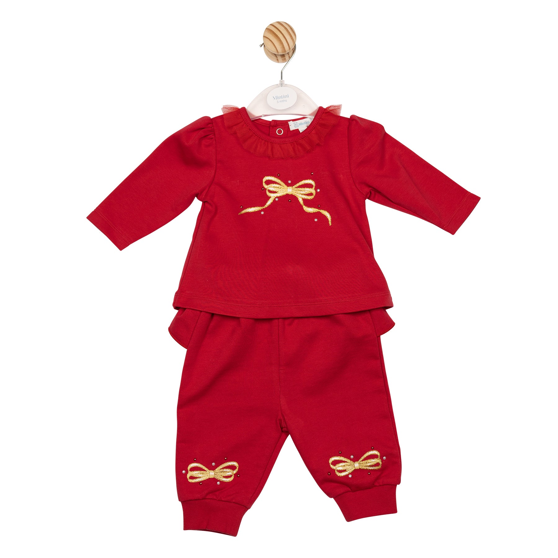 Girls red two-piece top and jog pant set with gold bow detail and frill collar – Autumn Winter collection
