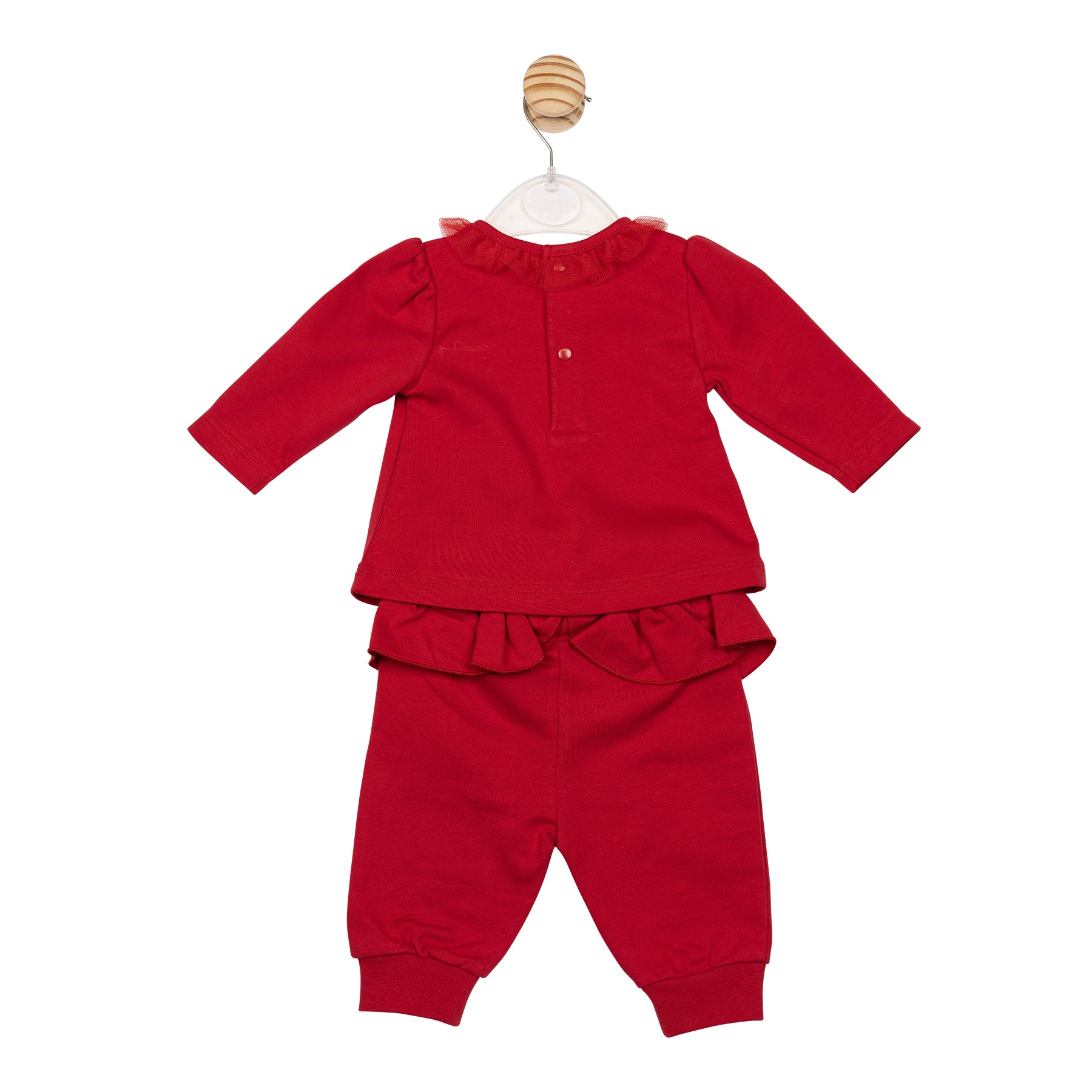 Back view of girls red jog pant set with gold bow detail – boutique baby and children’s clothing