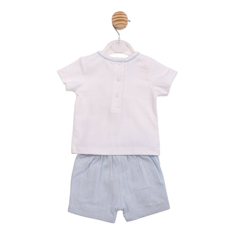 Technical flat lay back view of the Mintini boys white and beige top and shorts set showing the rear button fastenings and elasticated waistband.
