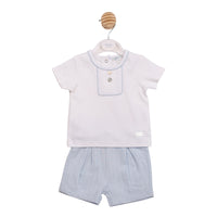 Technical flat lay front view of the Mintini boys white and beige textured dobby panel top and matching shorts.