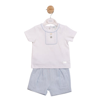 Technical flat lay front view of the Mintini boys white and beige textured dobby panel top and matching shorts.