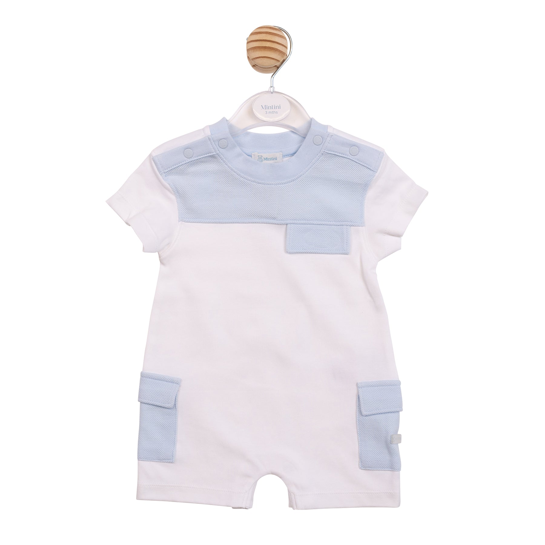 Mintini baby boy white and blue short-sleeved romper with textured panelling.