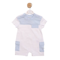 Mintini baby boy white and blue short-sleeved romper with textured panelling.