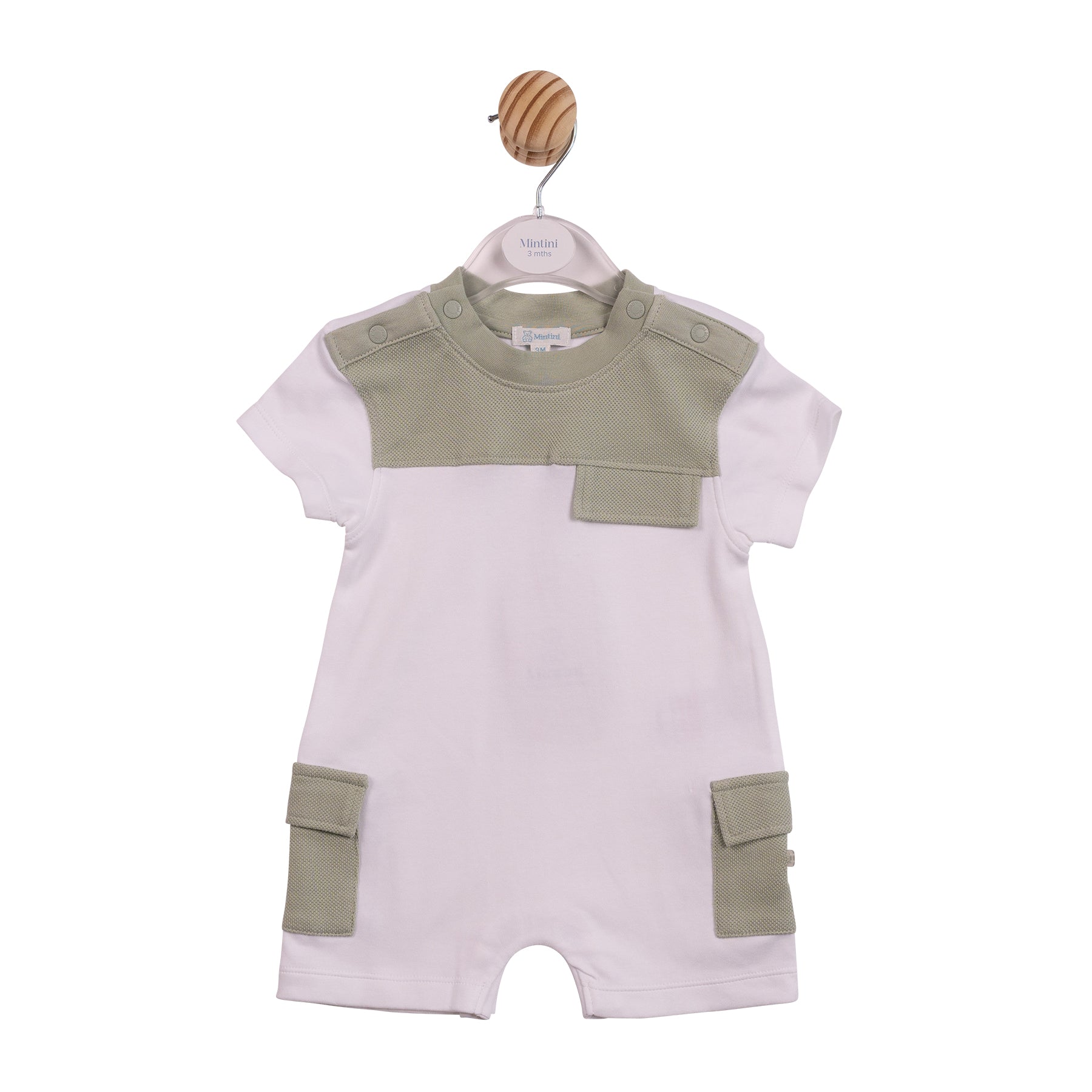 Mintini baby boy white and sage green short-sleeved romper with textured panelling
