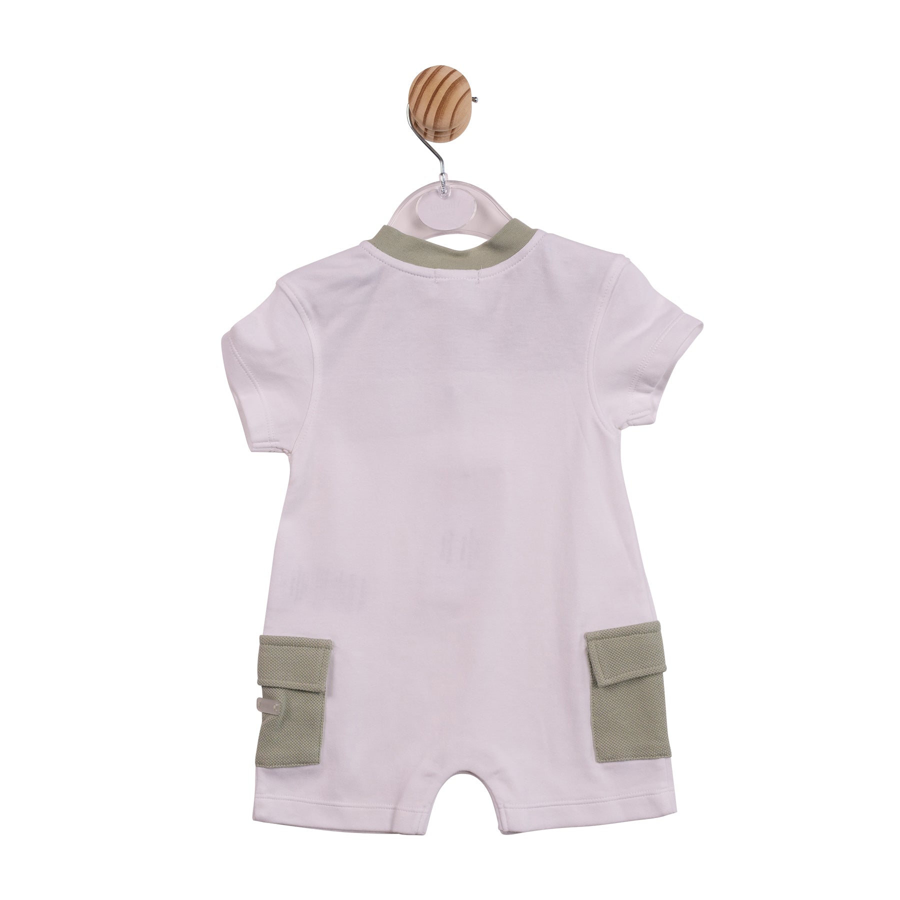 Luxury childrenswear boys white summer all-in-one with sage green textured details