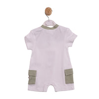 Luxury childrenswear boys white summer all-in-one with sage green textured details