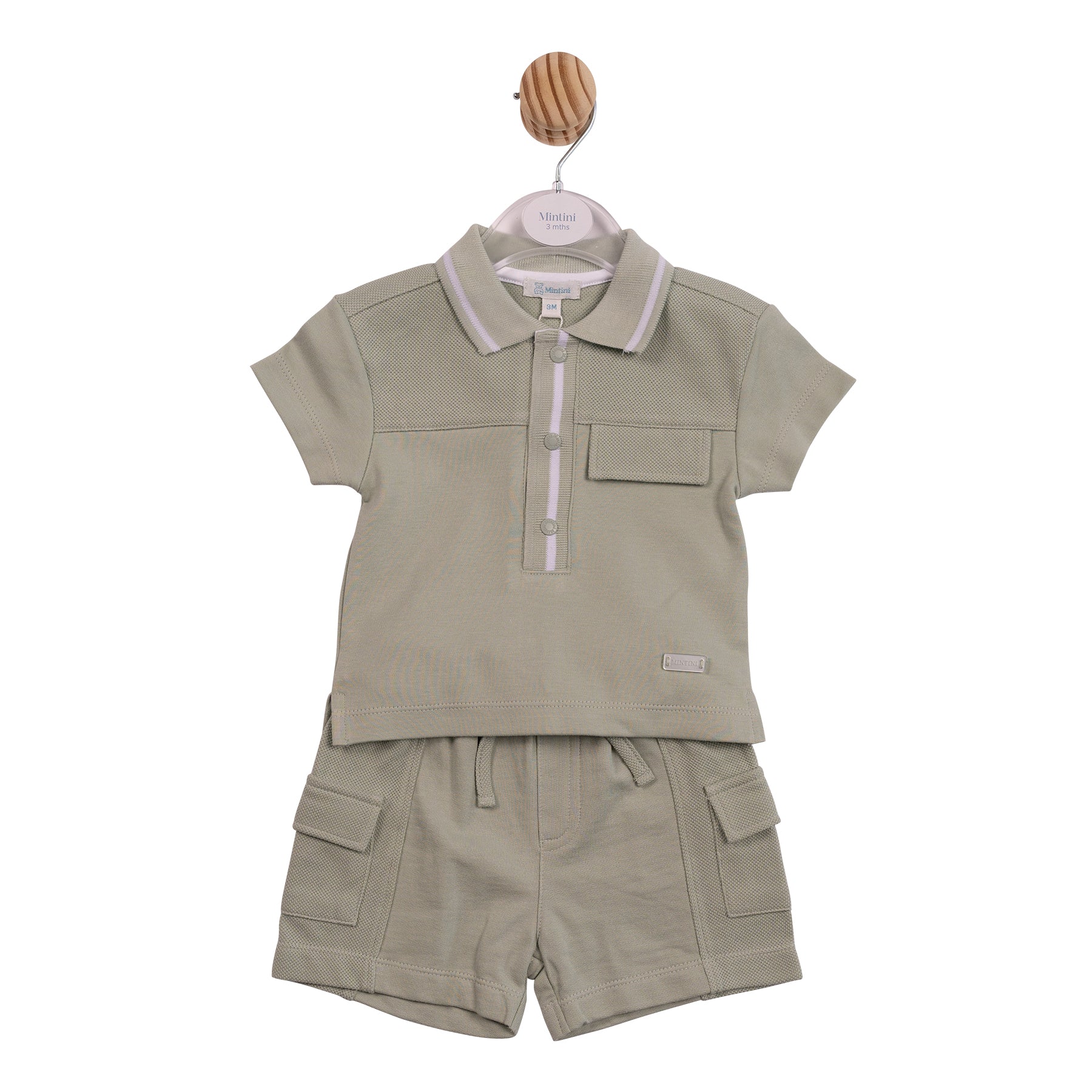 Mintini boys sage green short-sleeved polo shirt and cargo shorts set