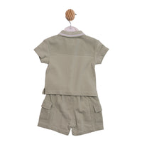 Designer baby boy sage green summer outfit with textured panelling and cargo pockets