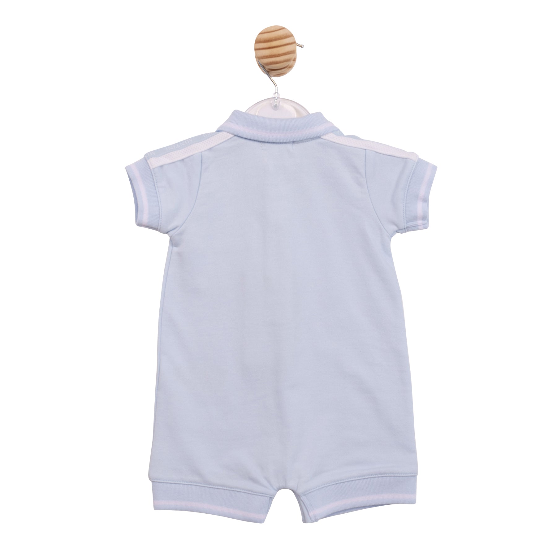 Technical flat lay back view of the Mintini boys sky blue polo romper showing the clean back and ribbed cuffs.