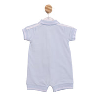 Technical flat lay back view of the Mintini boys sky blue polo romper showing the clean back and ribbed cuffs.