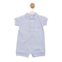 Technical flat lay front view of the Mintini boys sky blue short-sleeved polo romper with white stripe trim.