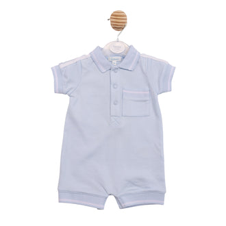 Technical flat lay front view of the Mintini boys sky blue short-sleeved polo romper with white stripe trim.
