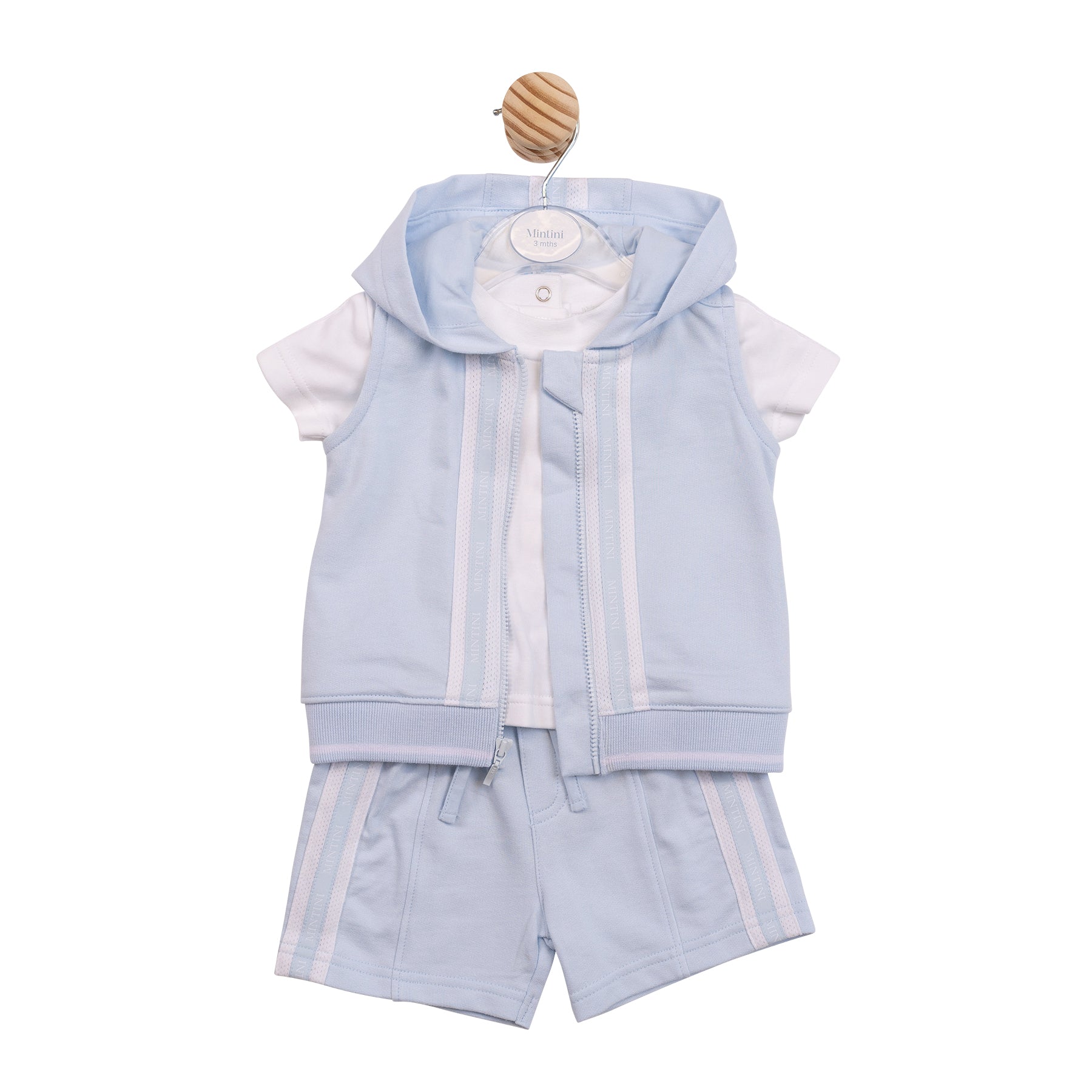 Technical flat lay front view of the Mintini boys blue and white three-piece gilet, t-shirt, and shorts set.