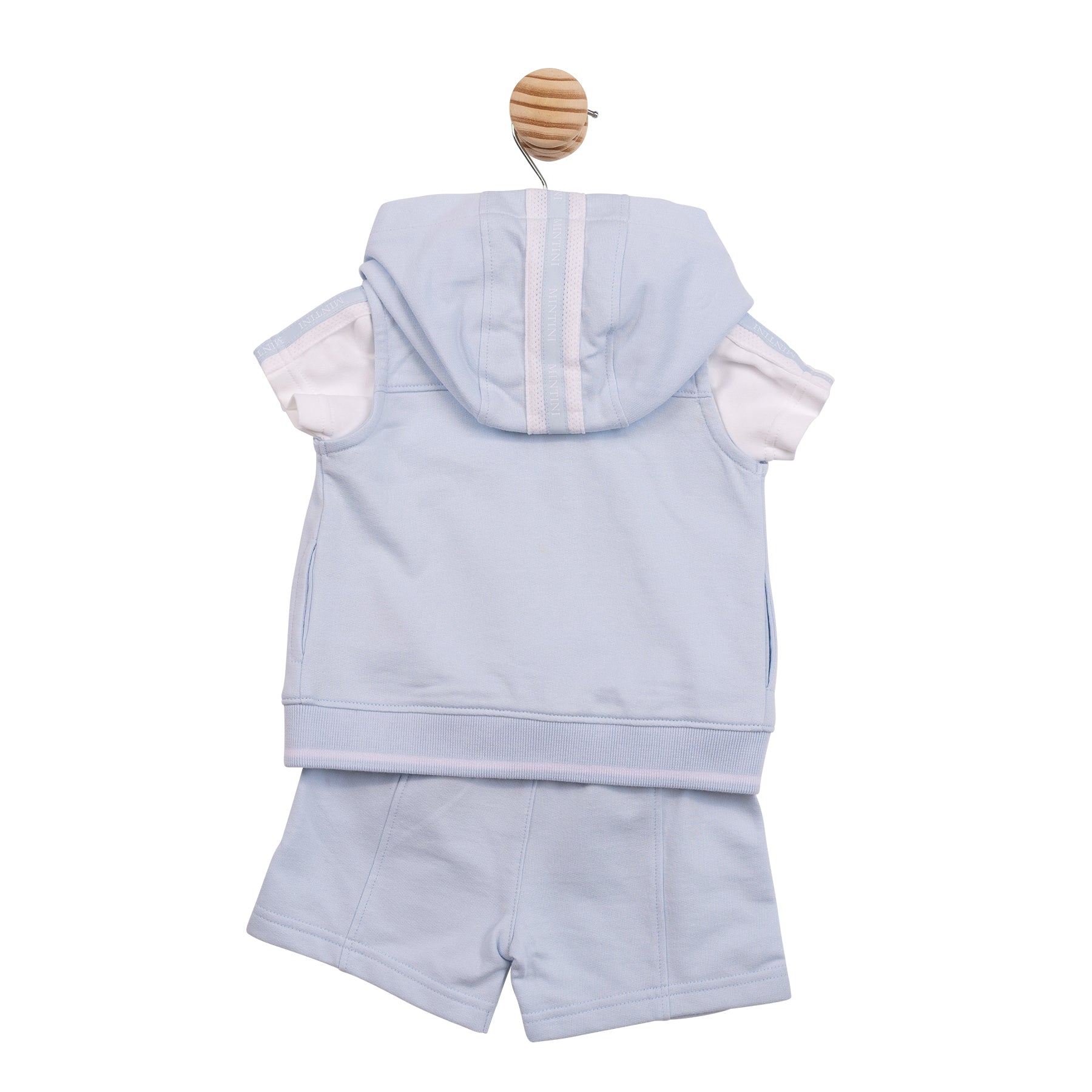 Technical flat lay back view of the Mintini boys blue and white outfit showing the hooded gilet and branded stripe detailing.