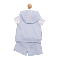 Technical flat lay back view of the Mintini boys blue and white outfit showing the hooded gilet and branded stripe detailing.