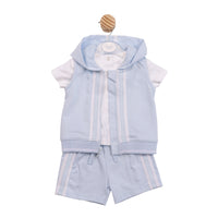 Technical flat lay front view of the Mintini boys blue and white three-piece gilet, t-shirt, and shorts set.