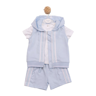 Technical flat lay front view of the Mintini boys blue and white three-piece gilet, t-shirt, and shorts set.