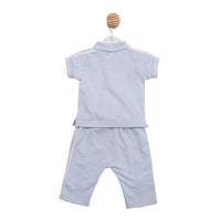 Technical flat lay back view of the Mintini boys blue and white outfit showing the branded shoulder tape and elasticated trousers.