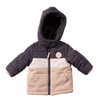 mintini boys charcoal ivory beige colourblock padded hooded winter coat front view