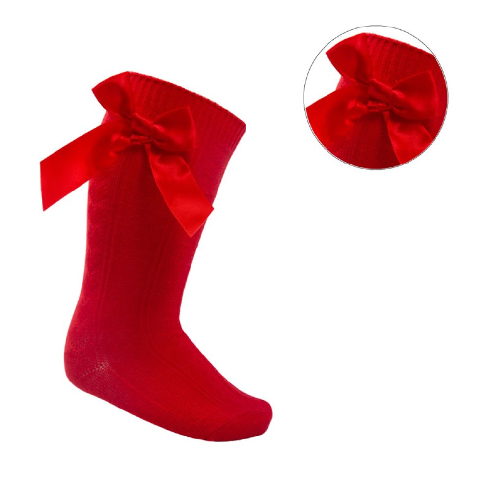 Girls’ red knee-length socks with bow, suitable for ages 2–9 years