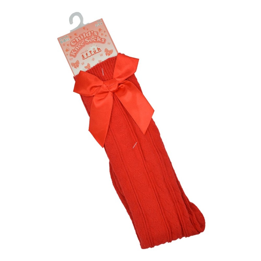 Girls’ red knee-length socks with bow, suitable for ages 2–9 years